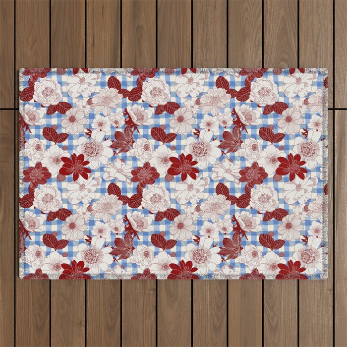 Dahlias on Blue Plaid Outdoor Rug Gallery Image 1