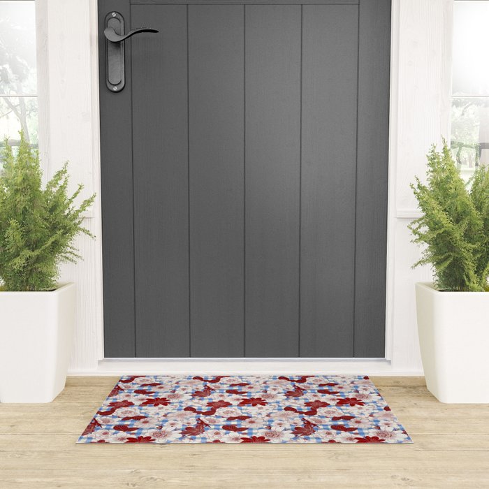 Dahlias on Blue Plaid Welcome Mat Gallery Image 3