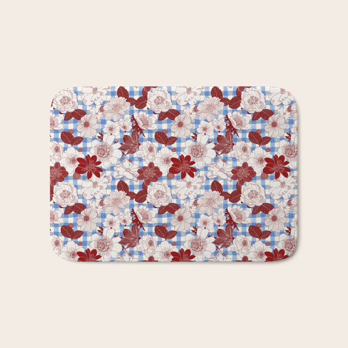 Dahlias on Blue Plaid Bath Mat Gallery Image 1