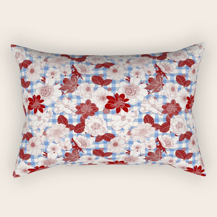 Dahlias on Blue Plaid Rectangular Pillow Gallery Image 2