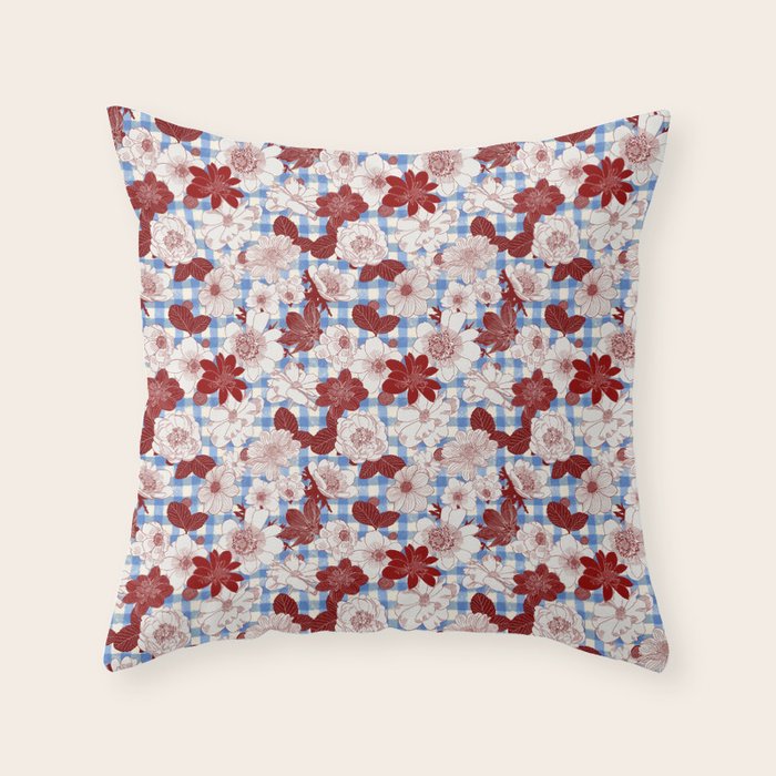 Dahlias on Blue Plaid Throw Pillow Gallery Image 1