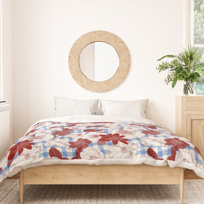 Dahlias on Blue Plaid Duvet Cover Gallery Image 3