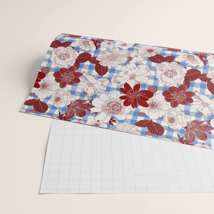 Dahlias on Blue Plaid Wrapping Paper Gallery Image 2