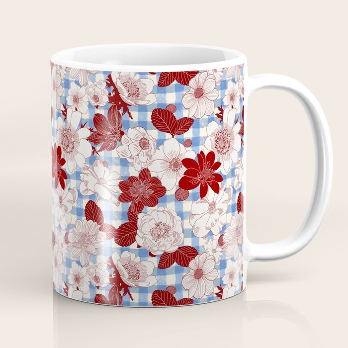 Dahlias on Blue Plaid Coffee Mug Gallery Image 1