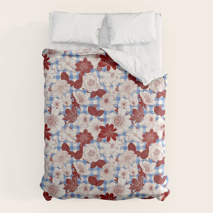 Dahlias on Blue Plaid Duvet Cover Gallery Image 6