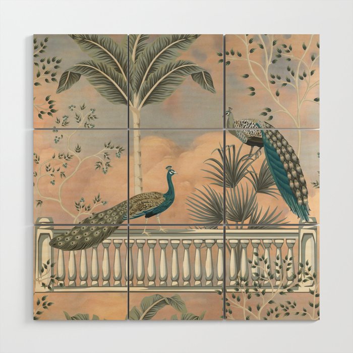 Chinoiserie Palatial Peacock Garden Peach Cloud Sky Wood Wall Art Gallery Image 1