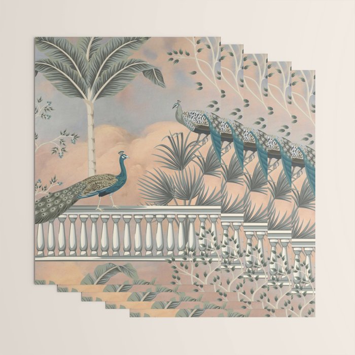 Chinoiserie Palatial Peacock Garden Peach Cloud Sky Wrapping Paper Gallery Image 3