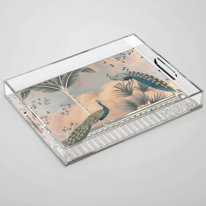 Chinoiserie Palatial Peacock Garden Peach Cloud Sky Acrylic Tray Gallery Image 1