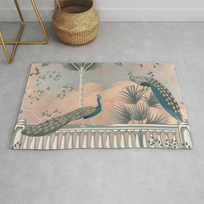 Chinoiserie Palatial Peacock Garden Peach Cloud Sky Rug Gallery Image 1