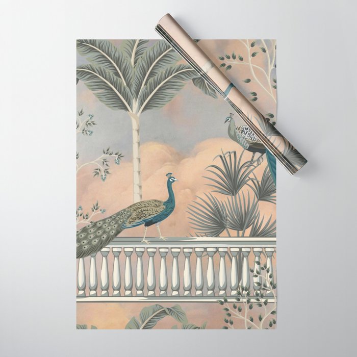 Chinoiserie Palatial Peacock Garden Peach Cloud Sky Wrapping Paper Gallery Image 1
