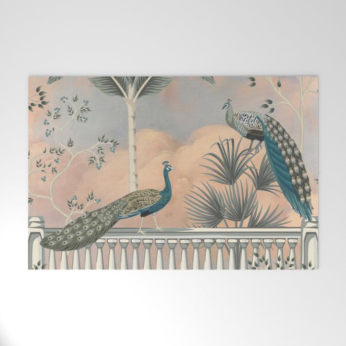 Chinoiserie Palatial Peacock Garden Peach Cloud Sky Welcome Mat Gallery Image 1