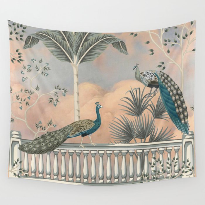 Chinoiserie Palatial Peacock Garden Peach Cloud Sky Wall Tapestry Gallery Image 4