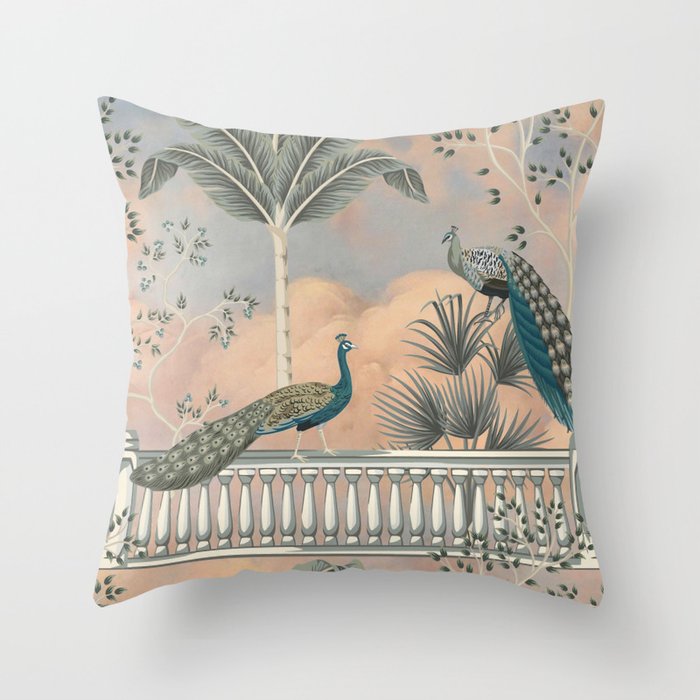 Chinoiserie Palatial Peacock Garden Peach Cloud Sky Throw Pillow Gallery Image 6