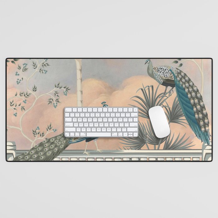 Chinoiserie Palatial Peacock Garden Peach Cloud Sky Desk Mat Gallery Image 1