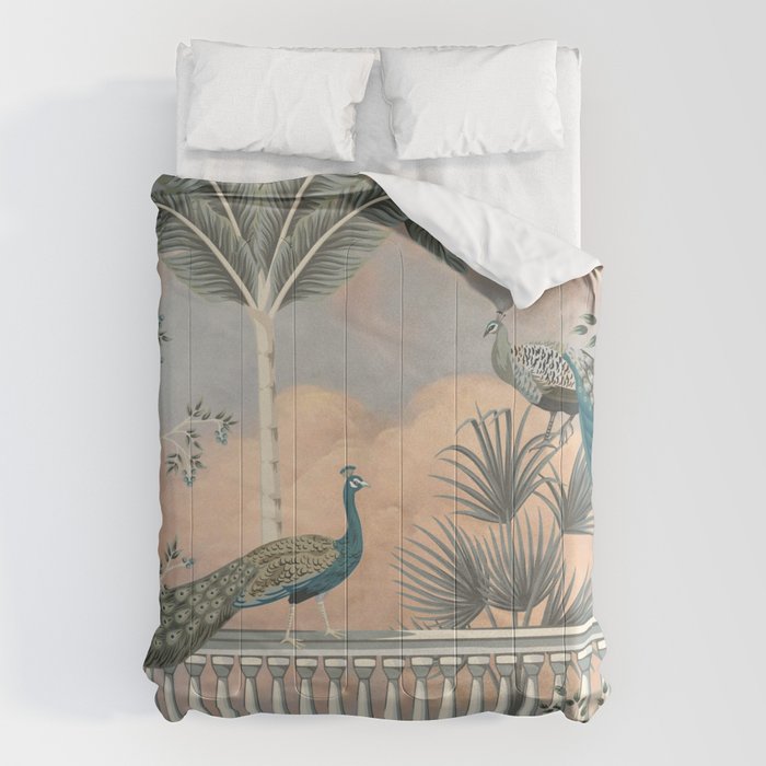 Chinoiserie Palatial Peacock Garden Peach Cloud Sky Comforter Gallery Image 6
