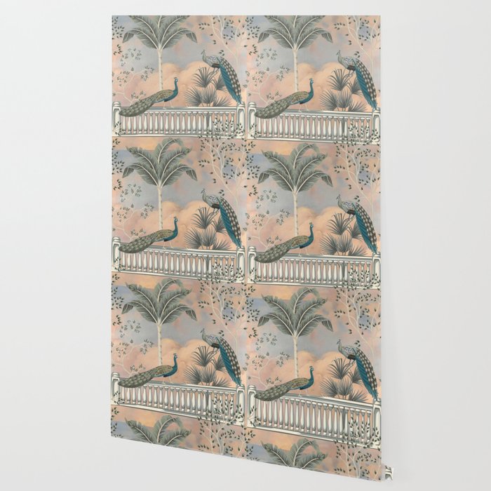 Chinoiserie Palatial Peacock Garden Peach Cloud Sky Wallpaper Gallery Image 2