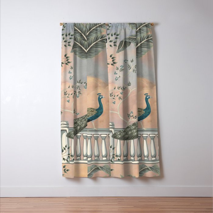Chinoiserie Palatial Peacock Garden Peach Cloud Sky Window Curtain Gallery Image 3