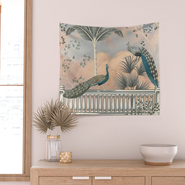 Chinoiserie Palatial Peacock Garden Peach Cloud Sky Wall Tapestry Gallery Image 2