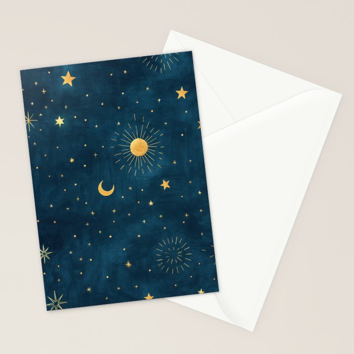 Celestial Gold Sun and Moon Boho Starry Sky Abstract Night Art Stationery Card Gallery Image 2
