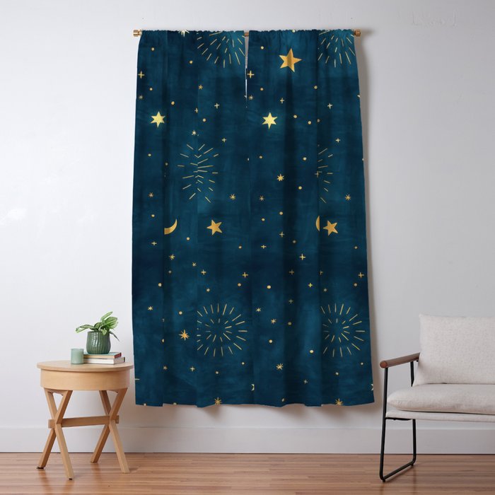 Celestial Gold Sun and Moon Boho Starry Sky Abstract Night Art Window Curtain Gallery Image 1
