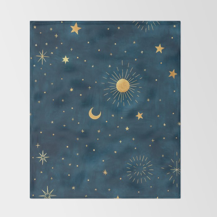 Celestial Gold Sun and Moon Boho Starry Sky Abstract Night Art Throw Blanket Gallery Image 2