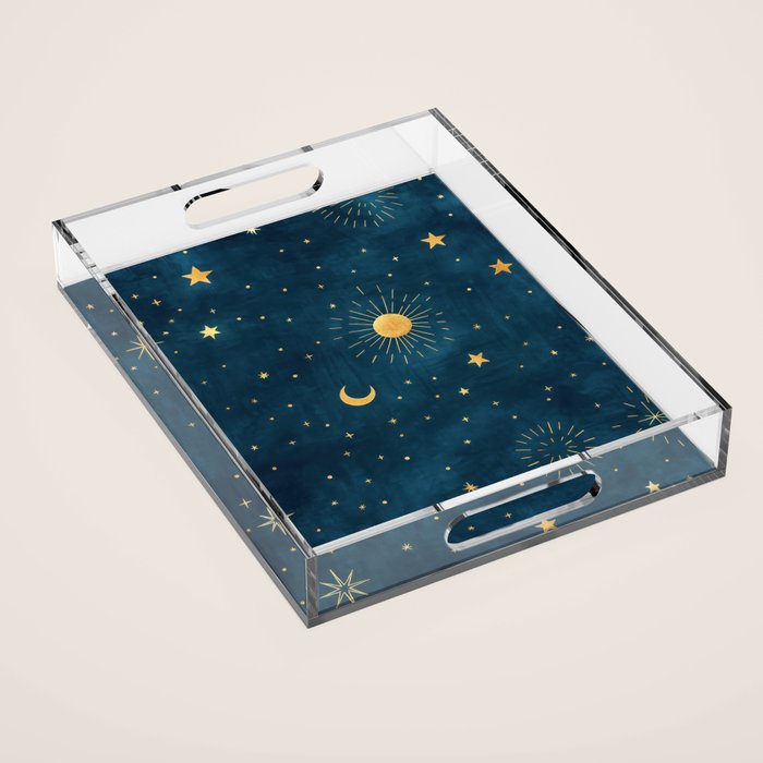 Celestial Gold Sun and Moon Boho Starry Sky Abstract Night Art Acrylic Tray Gallery Image 1