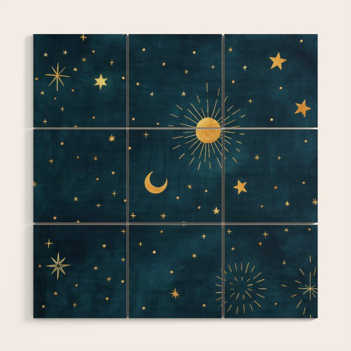 Celestial Gold Sun and Moon Boho Starry Sky Abstract Night Art Wood Wall Art Gallery Image 1
