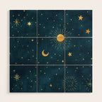 Celestial Gold Sun and Moon Boho Starry Sky Abstract Night Art Wood Wall Art Gallery Image 1
