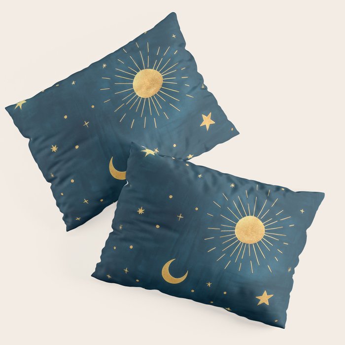Celestial Gold Sun and Moon Boho Starry Sky Abstract Night Art Pillow Sham Gallery Image 1