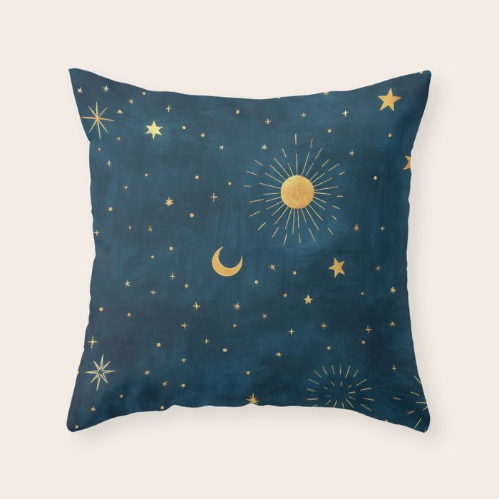 Celestial Gold Sun and Moon Boho Starry Sky Abstract Night Art Throw Pillow Gallery Image 1