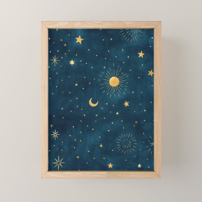 Celestial Gold Sun and Moon Boho Starry Sky Abstract Night Art Mini Art Print Gallery Image 1