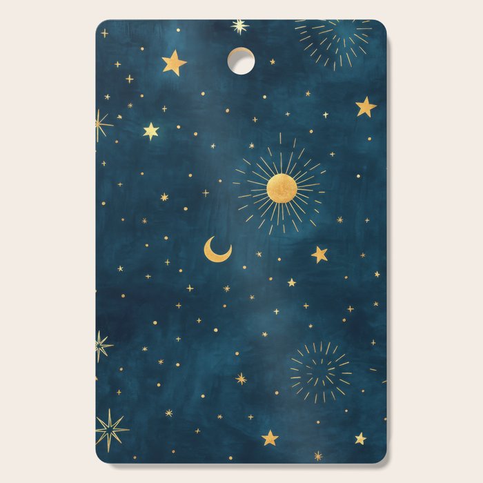 Celestial Gold Sun and Moon Boho Starry Sky Abstract Night Art Cutting Board Gallery Image 1