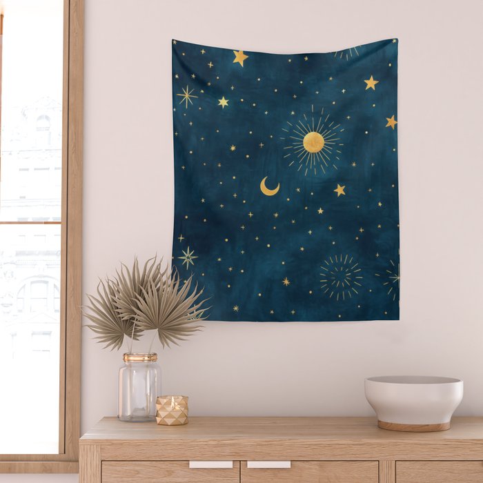 Celestial Gold Sun and Moon Boho Starry Sky Abstract Night Art Wall Tapestry Gallery Image 2