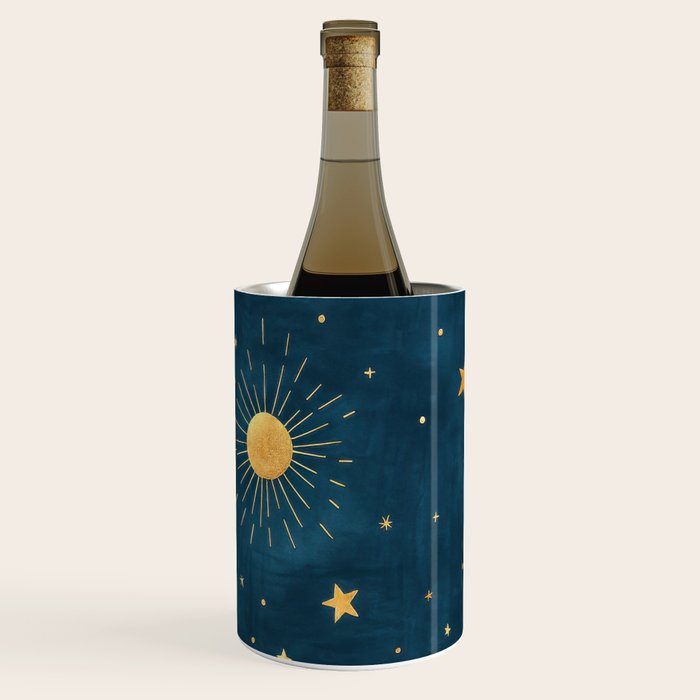 Celestial Gold Sun and Moon Boho Starry Sky Abstract Night Art Wine Chiller Gallery Image 3