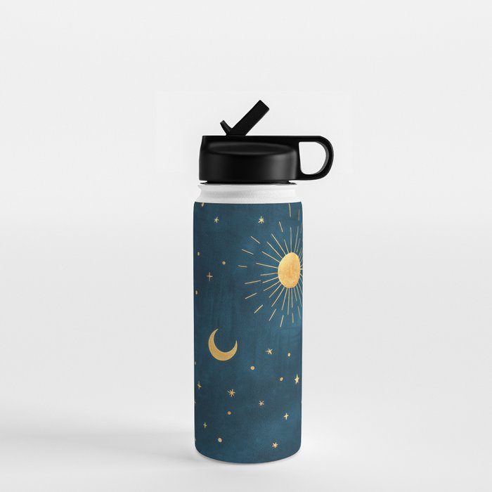 Celestial Gold Sun and Moon Boho Starry Sky Abstract Night Art Water Bottle Gallery Image 1
