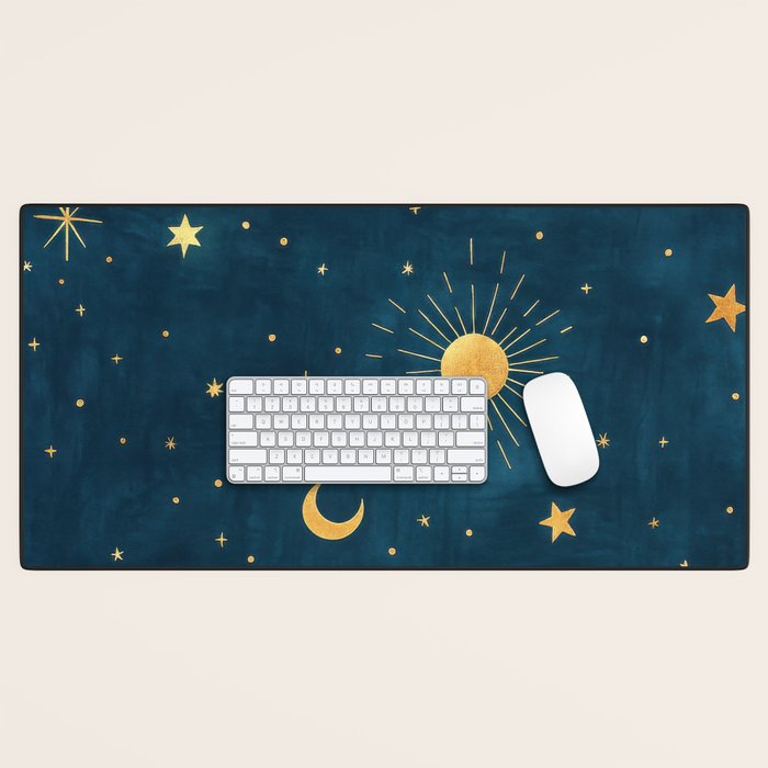 Celestial Gold Sun and Moon Boho Starry Sky Abstract Night Art Desk Mat Gallery Image 1