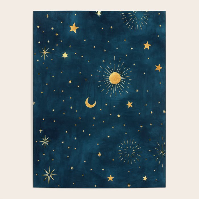 Celestial Gold Sun and Moon Boho Starry Sky Abstract Night Art Poster Gallery Image 4