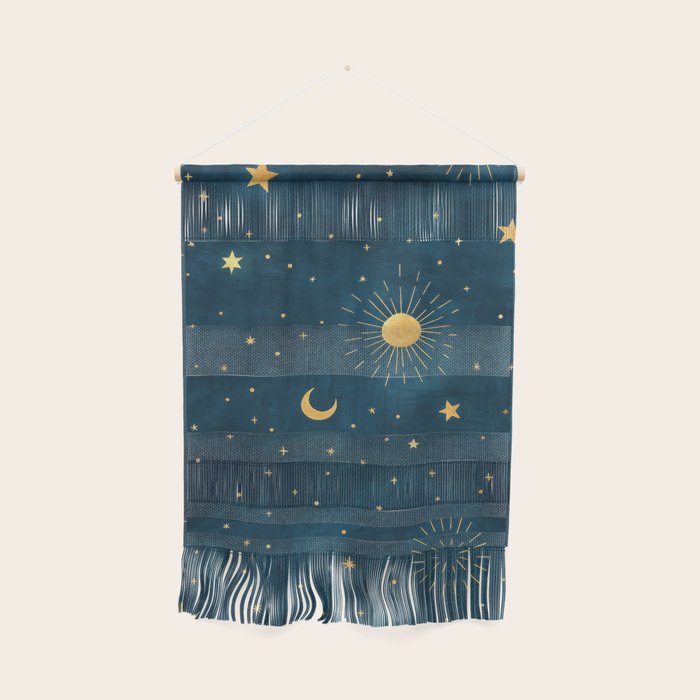 Celestial Gold Sun and Moon Boho Starry Sky Abstract Night Art Wall Hanging Gallery Image 1