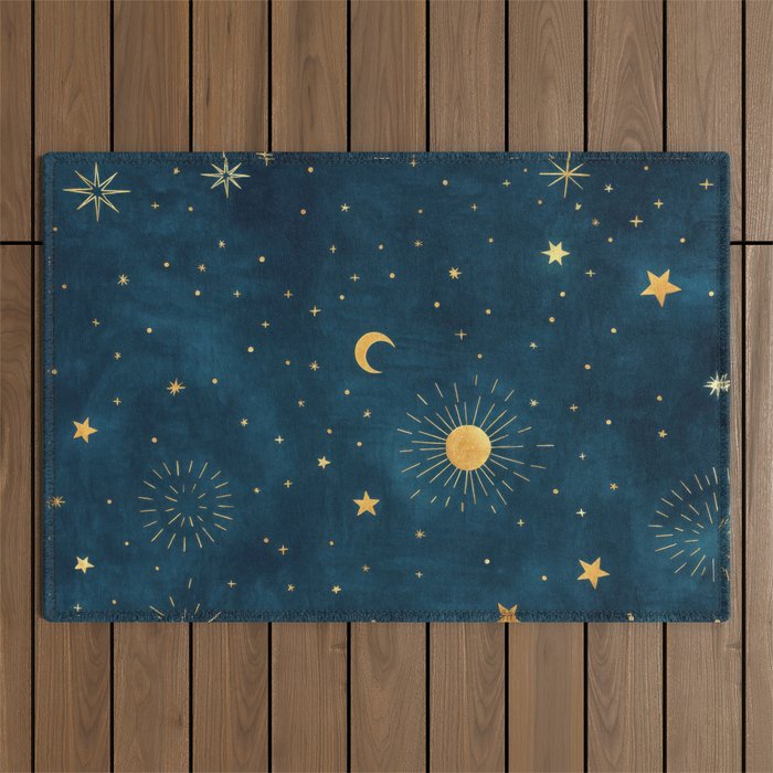Celestial Gold Sun and Moon Boho Starry Sky Abstract Night Art Outdoor Rug Gallery Image 1