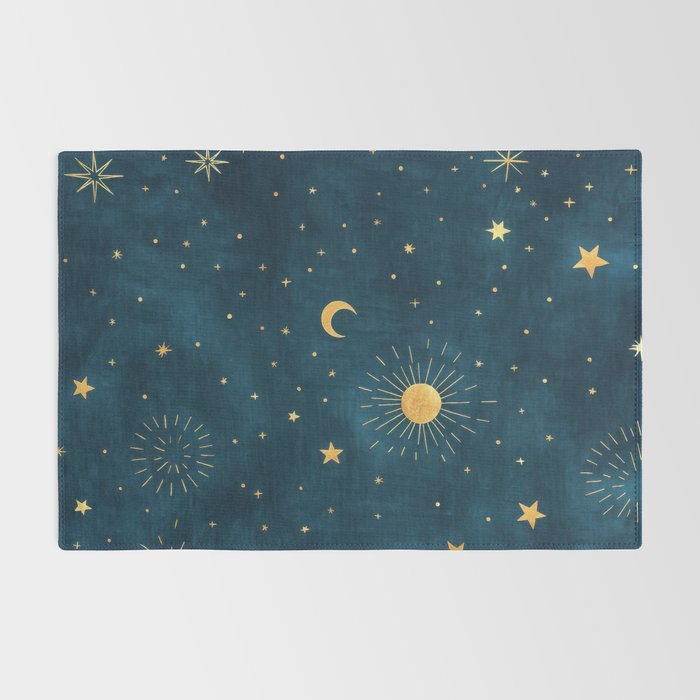 Celestial Gold Sun and Moon Boho Starry Sky Abstract Night Art Rug Gallery Image 2