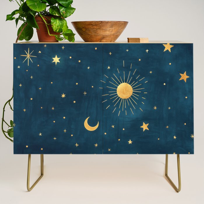 Celestial Gold Sun and Moon Boho Starry Sky Abstract Night Art Credenza Gallery Image 1