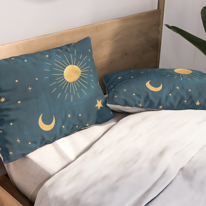 Celestial Gold Sun and Moon Boho Starry Sky Abstract Night Art Pillow Sham Gallery Image 2