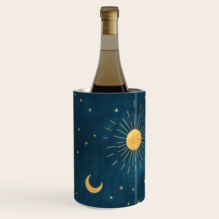 Celestial Gold Sun and Moon Boho Starry Sky Abstract Night Art Wine Chiller Gallery Image 1