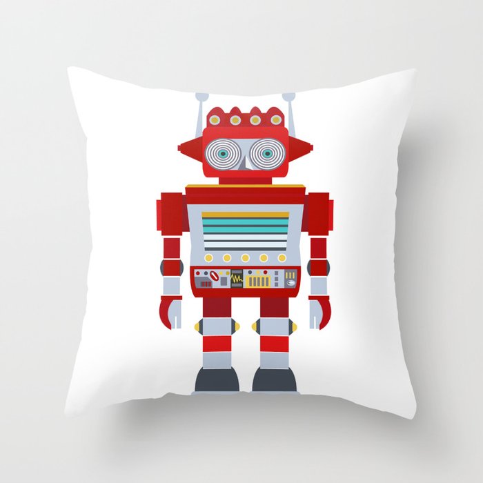 Red Robot Retro Toy Throw Pillow Gallery Image 1