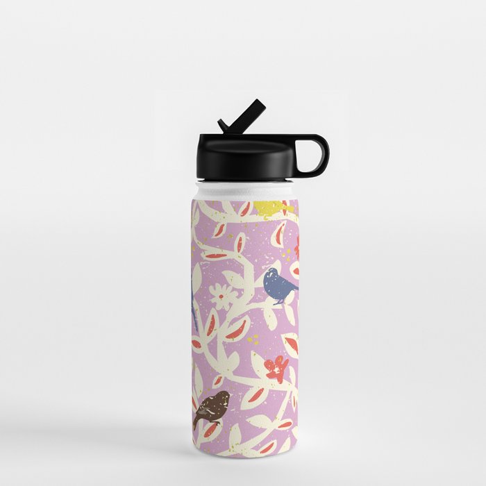 Birds in branches chalky pink Water Bottle Gallery Image 1