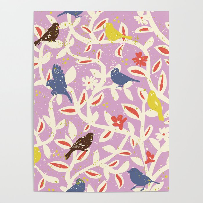 Birds in branches chalky pink Poster Gallery Image 1