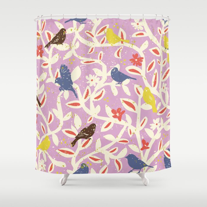 Birds in branches chalky pink Shower Curtain Gallery Image 1
