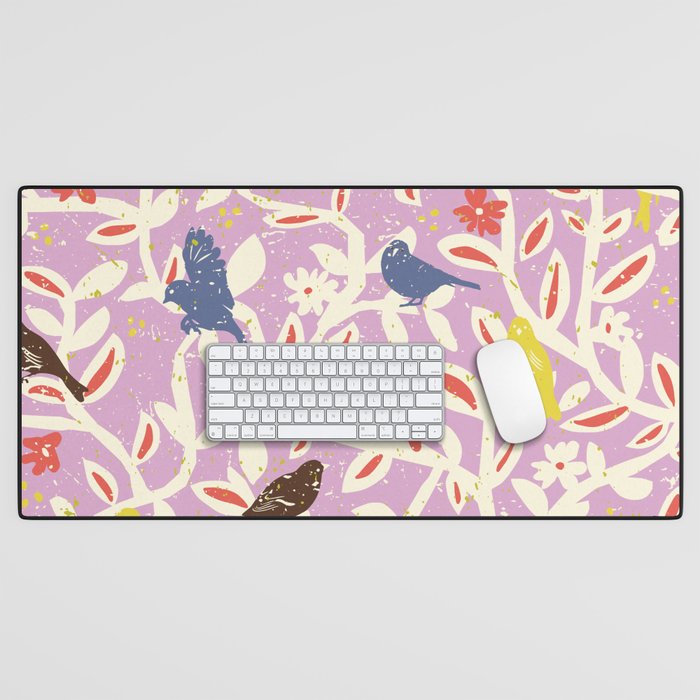 Birds in branches chalky pink Desk Mat Gallery Image 1