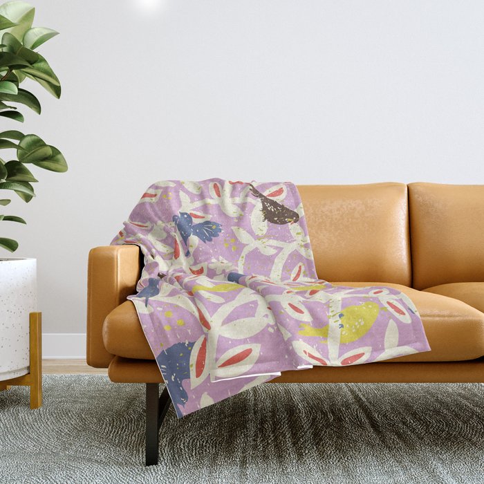 Birds in branches chalky pink Throw Blanket Gallery Image 1