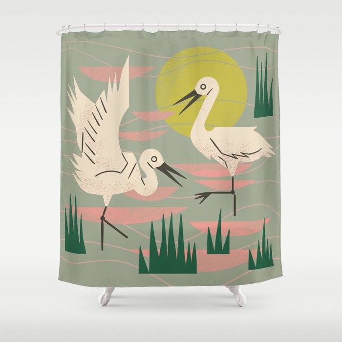 Cranes Wading At Sunset (Sage) Shower Curtain Gallery Image 1